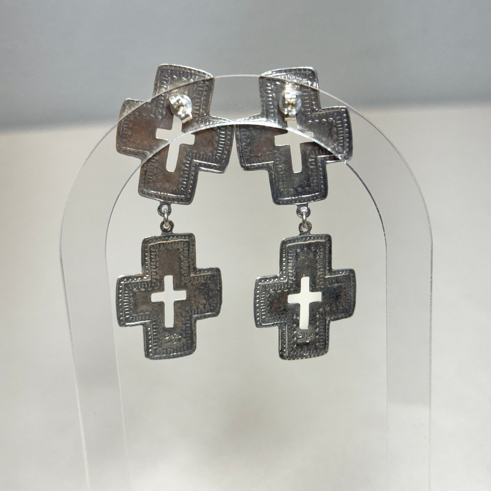 Sterling Silver 925 Thailand Double Cross Dangle Drop Earrings Stamped Etched - Picture 2 of 9